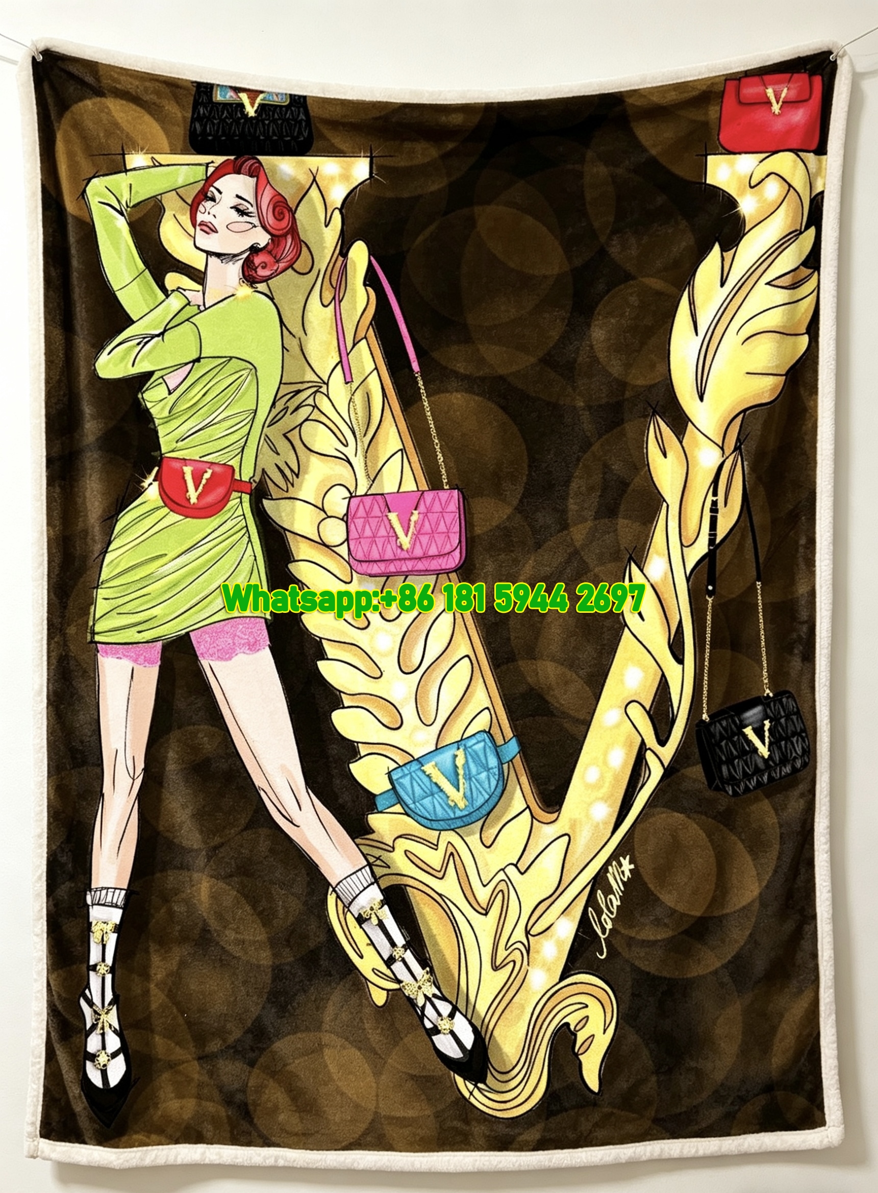 Versace Black Gold Background Fashion Illustration V Logo Handbag Print Flannel Throw Blanket Luxury Sofa Cover Blanket IMG_1688